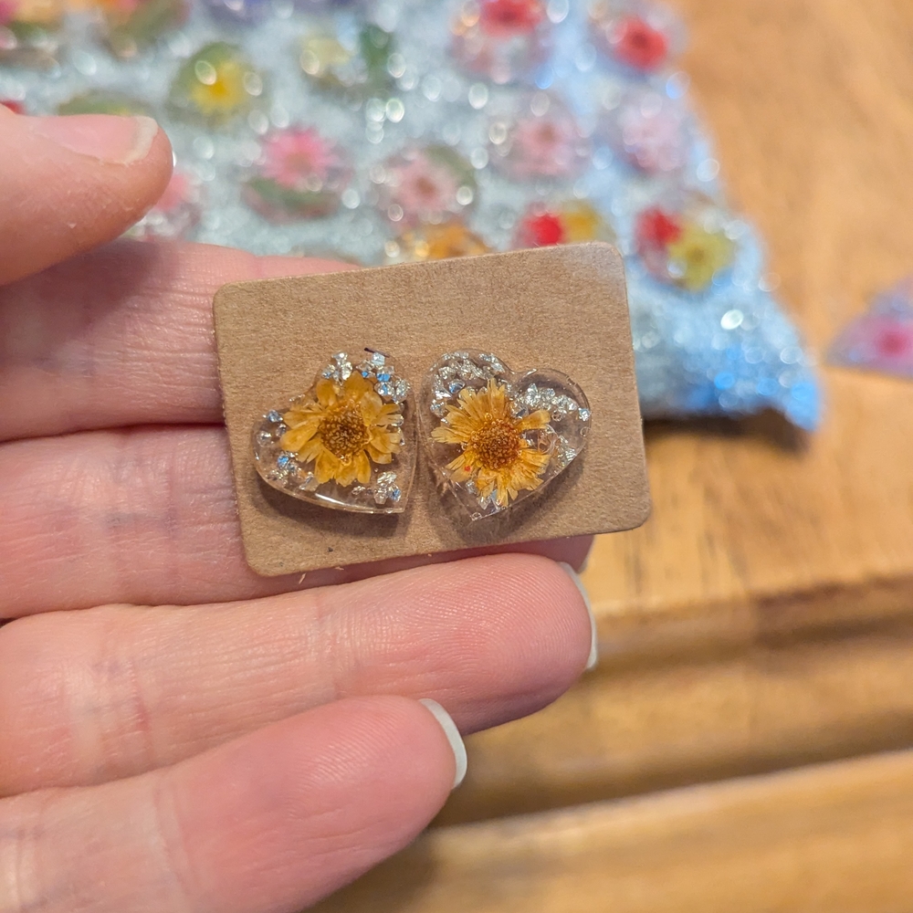 Heart-Shaped Floral Resin Earrings